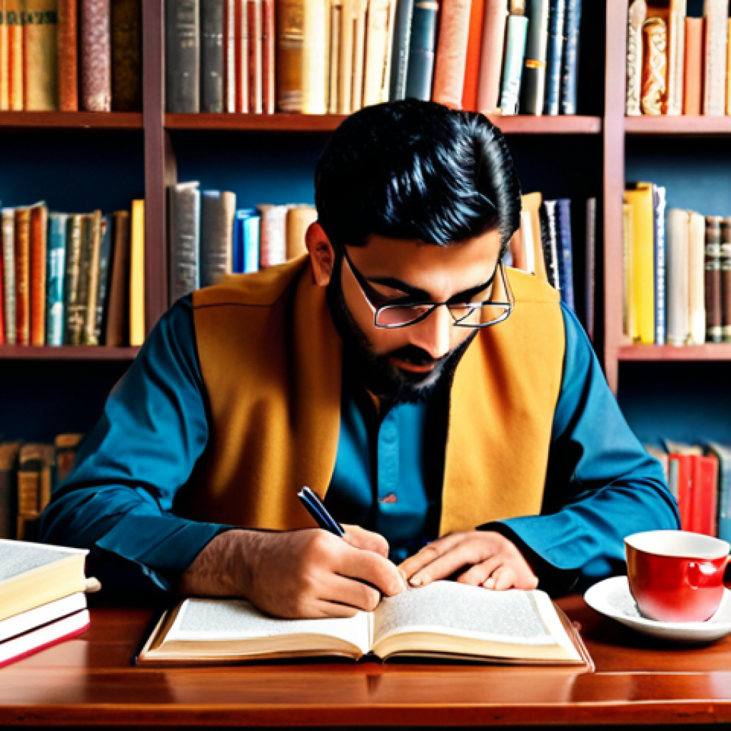 **Urdu blogging success**: An individual passionately writing an engaging blog post in Urdu, surrounded by books and a cup of tea, reflecting the rich culture.