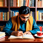 **Urdu blogging success**: An individual passionately writing an engaging blog post in Urdu, surrounded by books and a cup of tea, reflecting the rich culture.