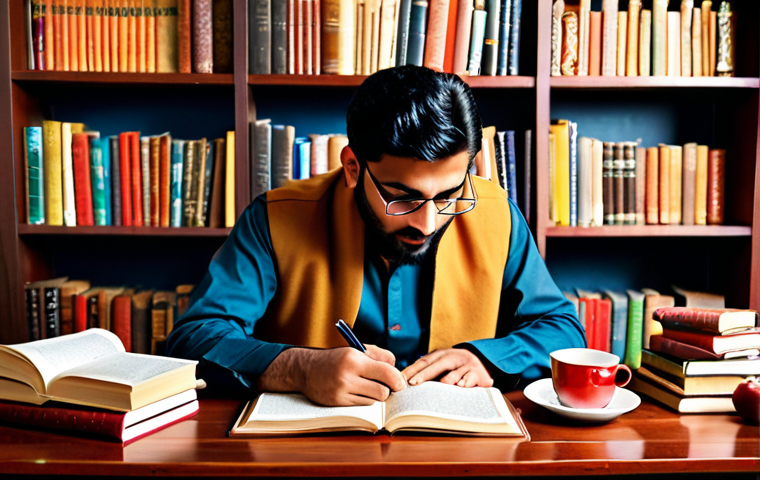 **Urdu blogging success**: An individual passionately writing an engaging blog post in Urdu, surrounded by books and a cup of tea, reflecting the rich culture.