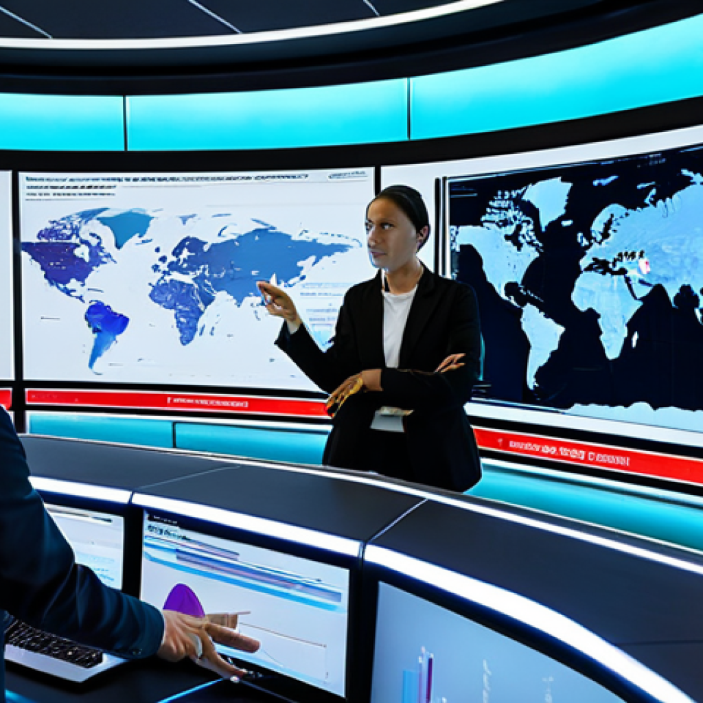 A diverse team of professional policy analysts, fully clothed in modest business attire, are engaged in a collaborative discussion within a futuristic, data-rich command center. Large holographic displays and interactive screens showcase complex data visualizations, charts, and AI-driven predictive models related to economic trends and societal impacts. One analyst gestures towards a screen, explaining insights, while others thoughtfully review information. The atmosphere is highly professional and focused on innovation. safe for work, appropriate content, family-friendly, perfect anatomy, correct proportions, natural pose, well-formed hands, proper finger count, natural body proportions, professional photography, high quality.