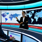 A diverse team of professional policy analysts, fully clothed in modest business attire, are engaged in a collaborative discussion within a futuristic, data-rich command center. Large holographic displays and interactive screens showcase complex data visualizations, charts, and AI-driven predictive models related to economic trends and societal impacts. One analyst gestures towards a screen, explaining insights, while others thoughtfully review information. The atmosphere is highly professional and focused on innovation. safe for work, appropriate content, family-friendly, perfect anatomy, correct proportions, natural pose, well-formed hands, proper finger count, natural body proportions, professional photography, high quality.