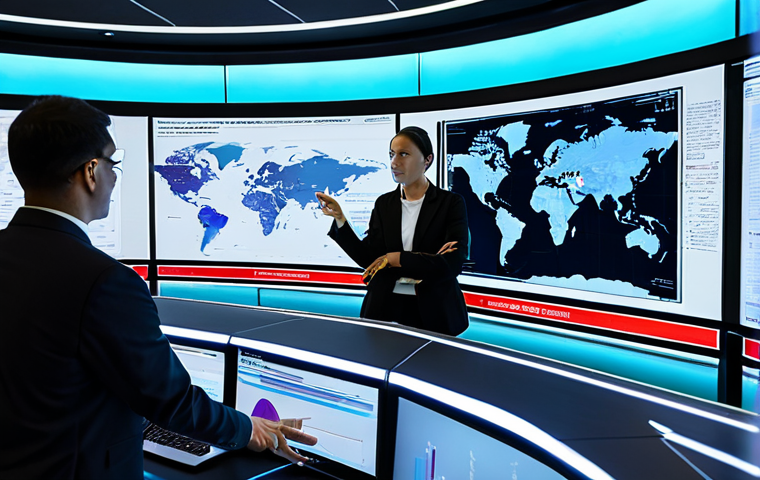 A diverse team of professional policy analysts, fully clothed in modest business attire, are engaged in a collaborative discussion within a futuristic, data-rich command center. Large holographic displays and interactive screens showcase complex data visualizations, charts, and AI-driven predictive models related to economic trends and societal impacts. One analyst gestures towards a screen, explaining insights, while others thoughtfully review information. The atmosphere is highly professional and focused on innovation. safe for work, appropriate content, family-friendly, perfect anatomy, correct proportions, natural pose, well-formed hands, proper finger count, natural body proportions, professional photography, high quality.