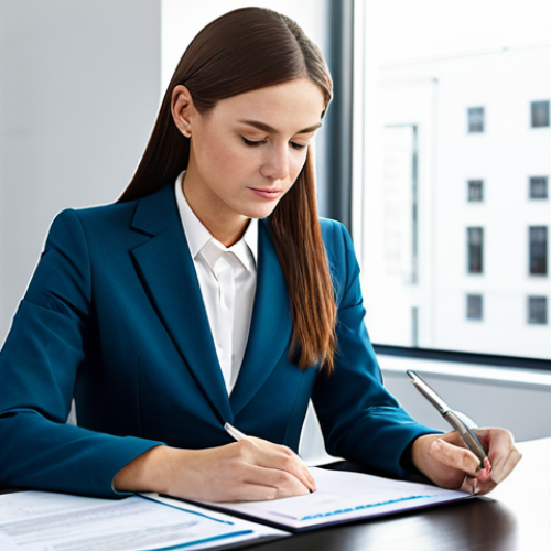 Home 12 "A professional female policy analyst in a modest business suit, sitting at a desk in a bright, modern office, reviewing documents, fully clothed, appropriate attire, safe for work, perfect anatomy, natural proportions, professional photography, high quality, family-friendly."