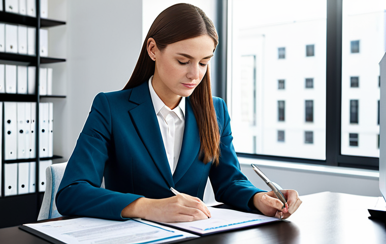 "A professional female policy analyst in a modest business suit, sitting at a desk in a bright, modern office, reviewing documents, fully clothed, appropriate attire, safe for work, perfect anatomy, natural proportions, professional photography, high quality, family-friendly."