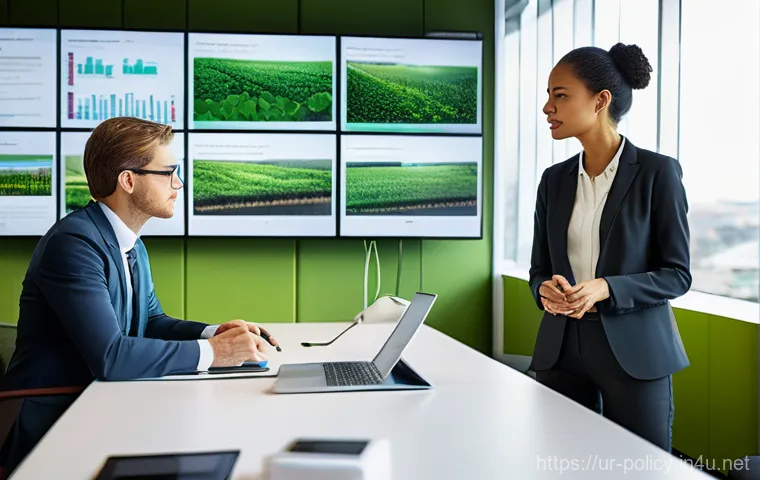 정책분석사와 지속 가능성을 위한 제안 - **Prompt:** A diverse group of professional policy analysts, male and female, in a modern, sunlit co...