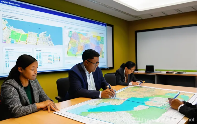 정책분석사 업무 관련 소프트웨어 - **Prompt:** A focused team of policy researchers, including a male and a female, in a high-tech, sli...