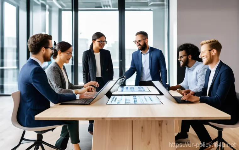 정책분석사와 협업 플랫폼 활용법 - **"A vibrant, modern co-working space bathed in natural light, where a diverse group of male and fem...