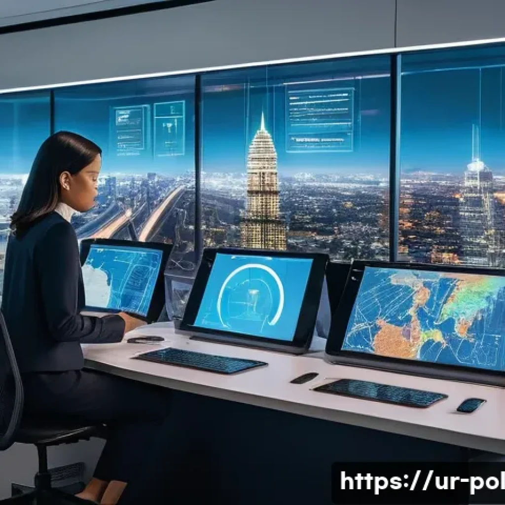 정책분석사와 공공정책과 관련된 트렌드 분석 - **AI and Data-Driven Policy Making:** A vibrant and futuristic urban office setting, bathed in soft,...