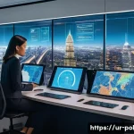 정책분석사와 공공정책과 관련된 트렌드 분석 - **AI and Data-Driven Policy Making:** A vibrant and futuristic urban office setting, bathed in soft,...