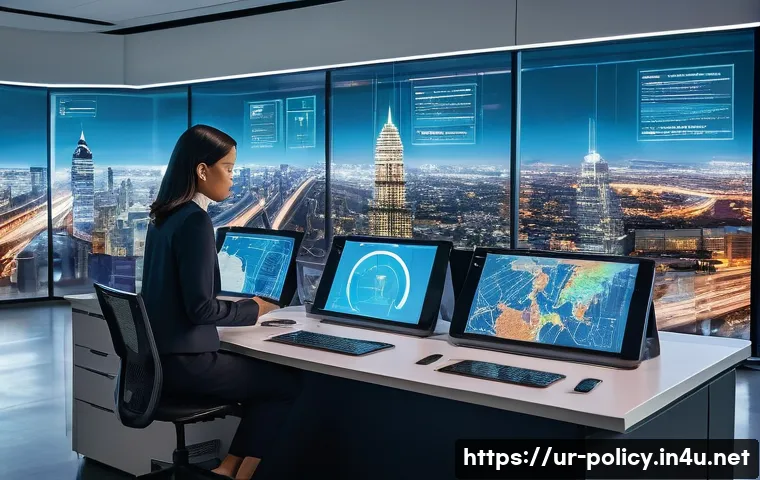 정책분석사와 공공정책과 관련된 트렌드 분석 - **AI and Data-Driven Policy Making:** A vibrant and futuristic urban office setting, bathed in soft,...