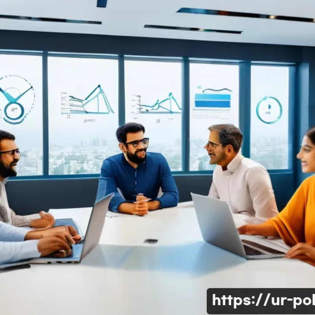 정책분석사와 팀워크 향상법 - A diverse team of professional adults engaged in a dynamic office meeting, seated around a modern co...