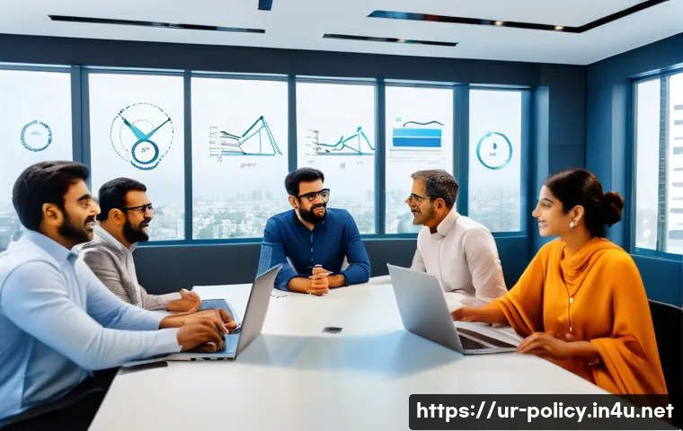 정책분석사와 팀워크 향상법 - A diverse team of professional adults engaged in a dynamic office meeting, seated around a modern co...