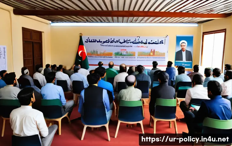 정책분석사와 혁신적인 아이디어 사례 - A detailed scene of a diverse community workshop in a bright, modern hall in Pakistan, with men and ...