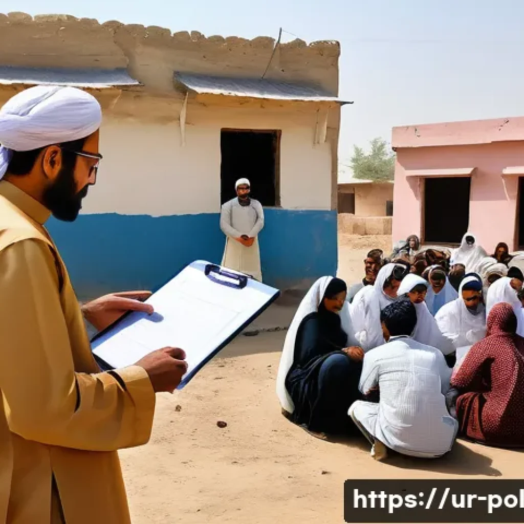 정책분석사와 공공 정책 연구 사례와 성공 요인 - A detailed illustration of a policy analyst conducting a field study in a rural Pakistani village, w...