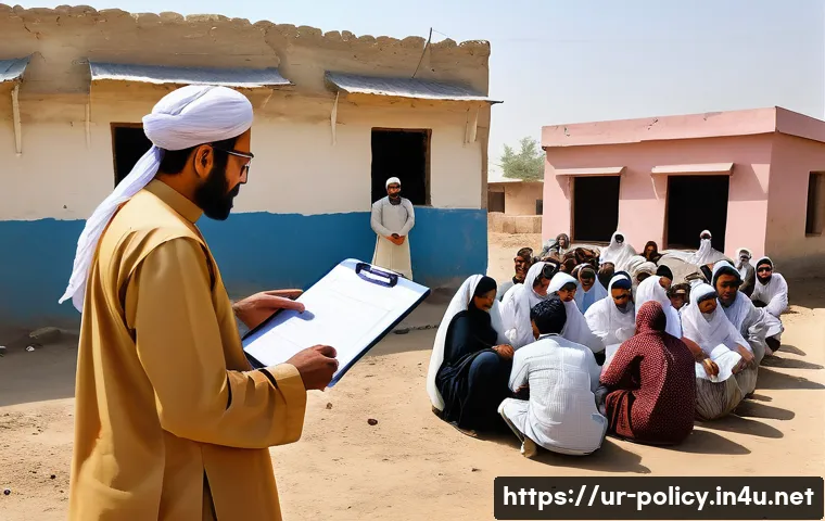 정책분석사와 공공 정책 연구 사례와 성공 요인 - A detailed illustration of a policy analyst conducting a field study in a rural Pakistani village, w...