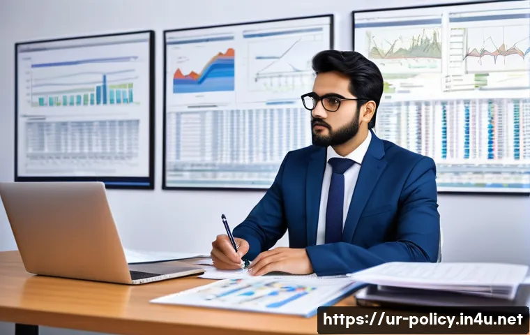 정책분석사와 직무 성과와 성공 사례 연구와 경력 개발 - A professional policy analyst working in a modern office setting, surrounded by multiple screens dis...
