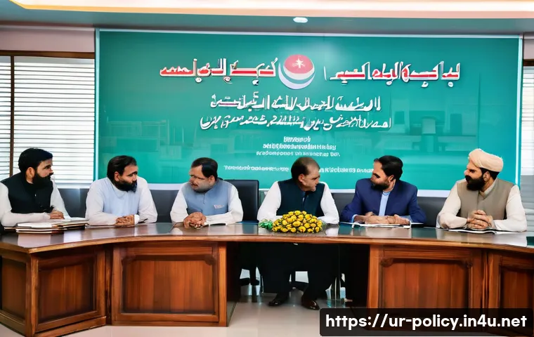 정책분석사와 정책 사례와 성공 요인 분석 - A detailed scene depicting a government policy analysis meeting in a modern office in Pakistan, with...