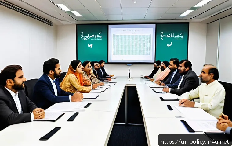 정책분석사와 정책 목표의 설정과 평가 - A detailed, culturally resonant scene of a policy workshop in a modern office in Pakistan, featuring...