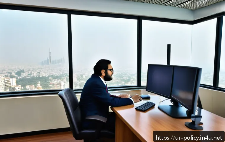 정책분석사 필수 자격증 및 추천 과정 - A professional policy analyst workspace set in a modern office in Pakistan, featuring a South Asian ...