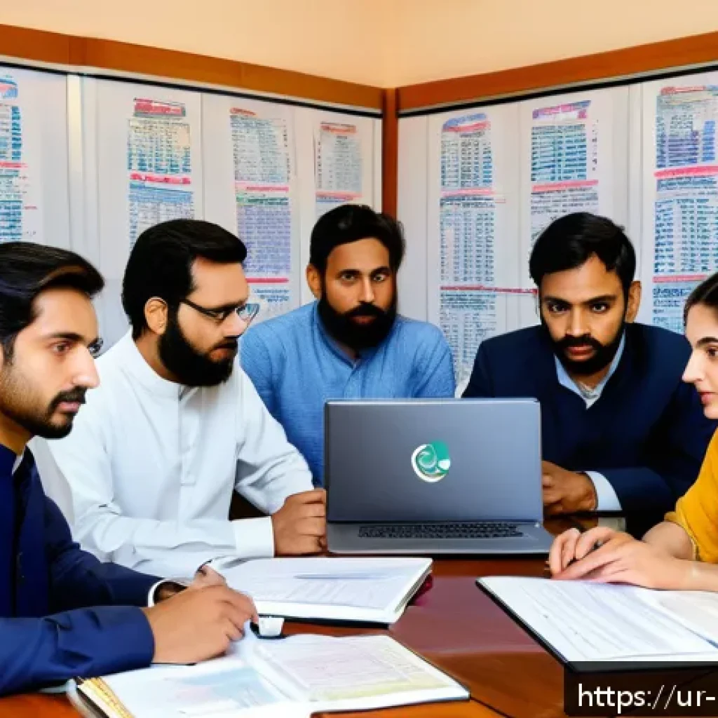 정책분석사와 연구보고서 활용법 - A professional office scene showing a diverse group of Urdu-speaking researchers and policy analysts...