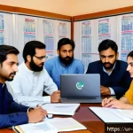 Home 22 정책분석사와 연구보고서 활용법 - A professional office scene showing a diverse group of Urdu-speaking researchers and policy analysts...
