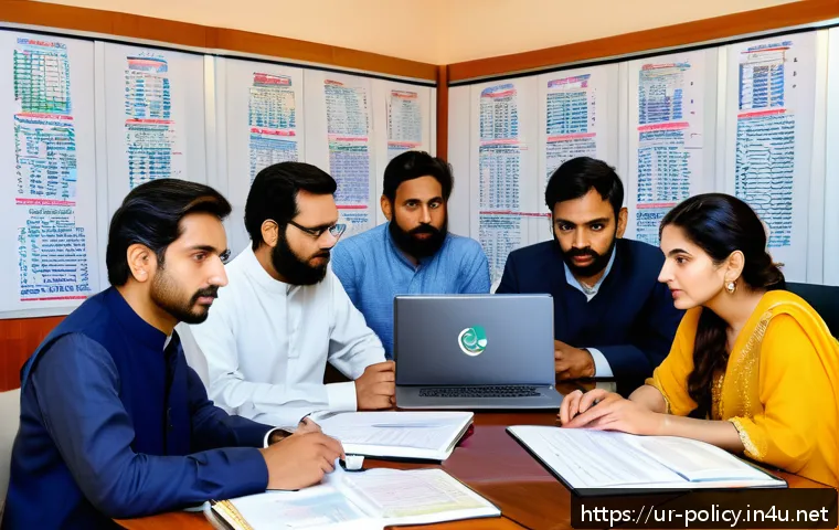 정책분석사와 연구보고서 활용법 - A professional office scene showing a diverse group of Urdu-speaking researchers and policy analysts...