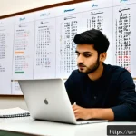 Home 19 정책분석사 실기 시험 준비 전략 - A focused young South Asian male student studying policy analysis in a quiet, well-lit room decorate...