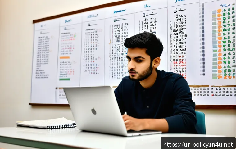 정책분석사 실기 시험 준비 전략 - A focused young South Asian male student studying policy analysis in a quiet, well-lit room decorate...